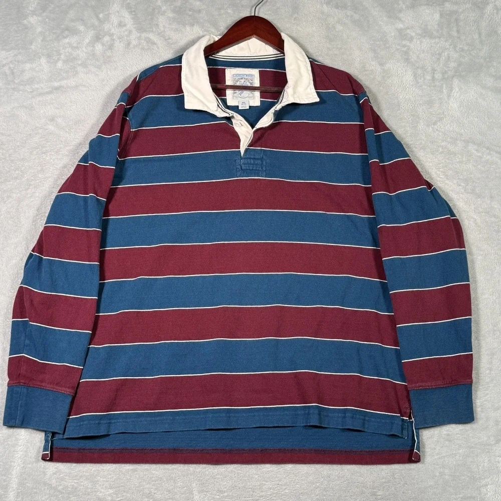 Lands' End Rugby Polo‎ Shirt Mens 2XL Maroon Blue Stripe Long Sleeve Cotton